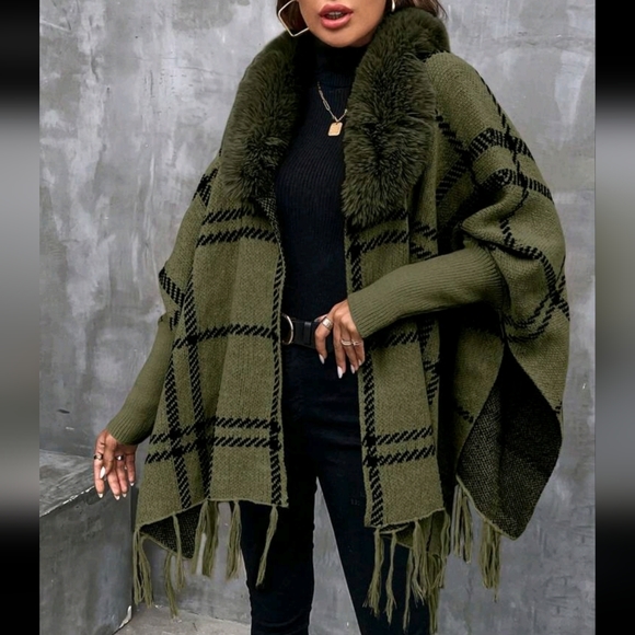 Comfy Faux Vegan Fur Plaid Fringe Cuff Sleeve Shawl Sweater Cardigan - Picture 6 of 12
